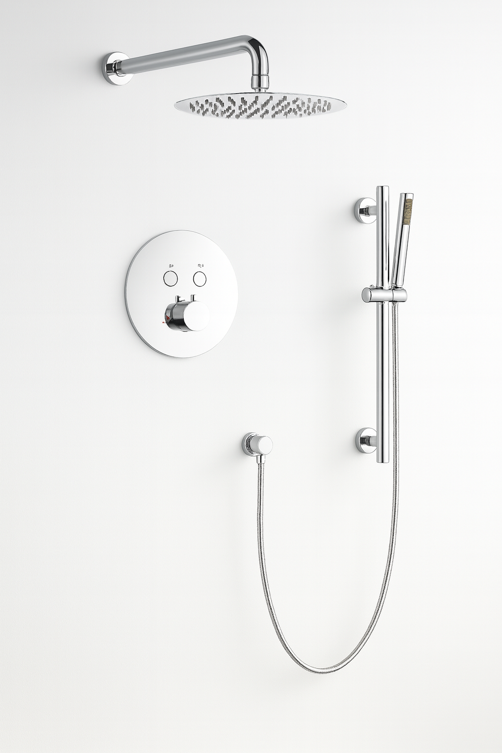MAX Faucets Thermostatic Shower System – 2 Functions with Push Buttons, Handheld Slide Bar & Pressure-Balance Valve – 12" Round Shower Head – Chrome Finish YM-RW9022THSB-C