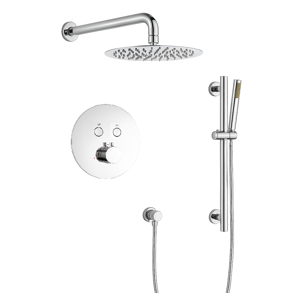 MAX Faucets Thermostatic Shower System – 2 Functions with Push Buttons, Handheld Slide Bar & Pressure-Balance Valve – 12" Round Shower Head – Chrome Finish YM-RW9022THSB-C