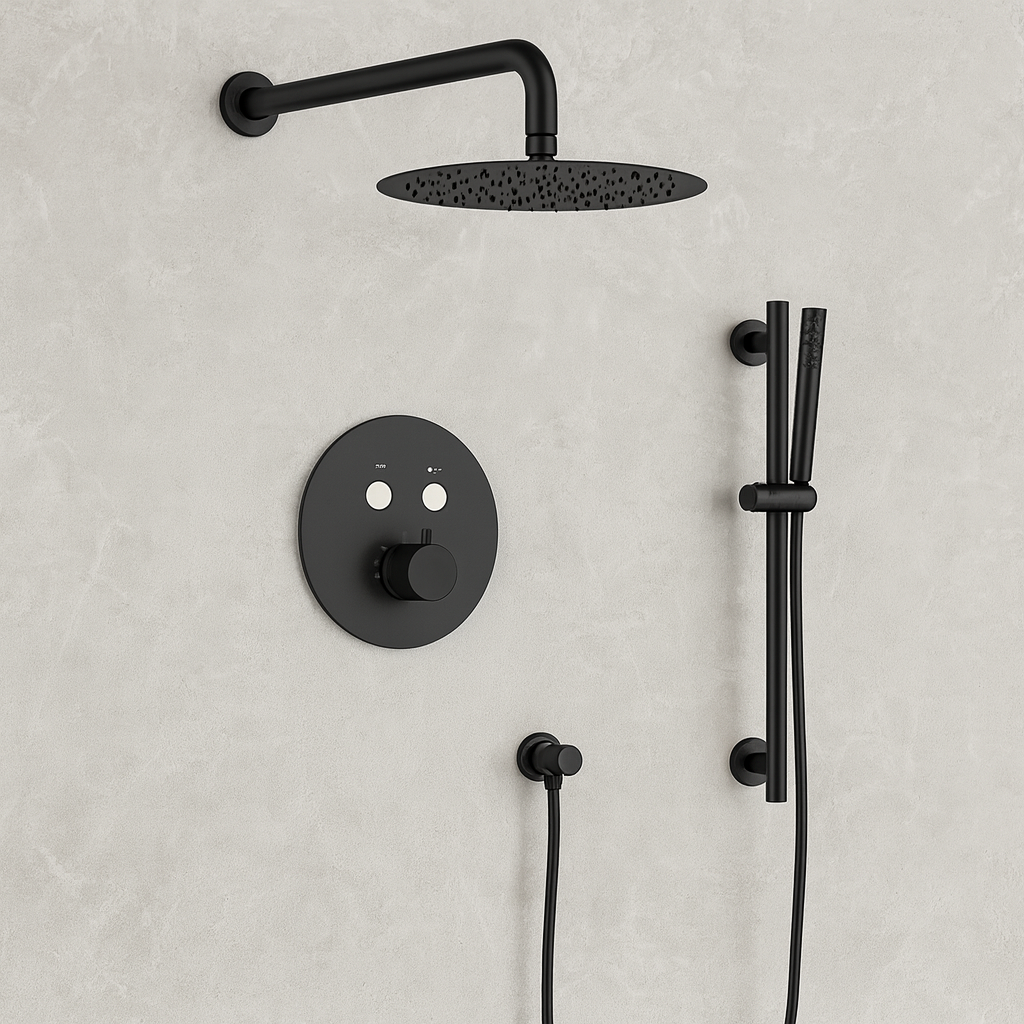 MAX Faucets | Thermostatic Shower System – 2 Functions with Push Buttons, Handheld Slide Bar & Pressure-Balance Valve – 12" Round Shower Head – Matte Black Finish YM-RW9022THSB-MB