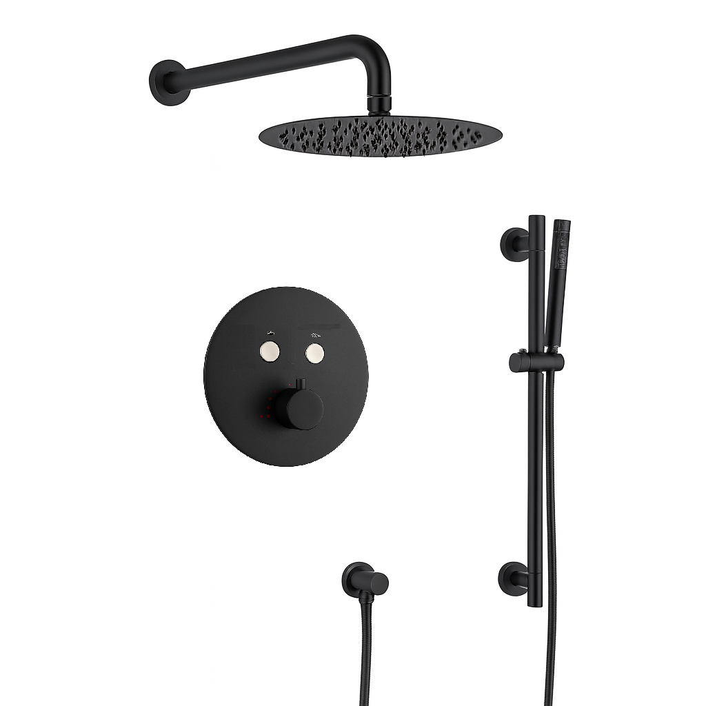 MAX Faucets | Thermostatic Shower System – 2 Functions with Push Buttons, Handheld Slide Bar & Pressure-Balance Valve – 12" Round Shower Head – Matte Black Finish YM-RW9022THSB-MB