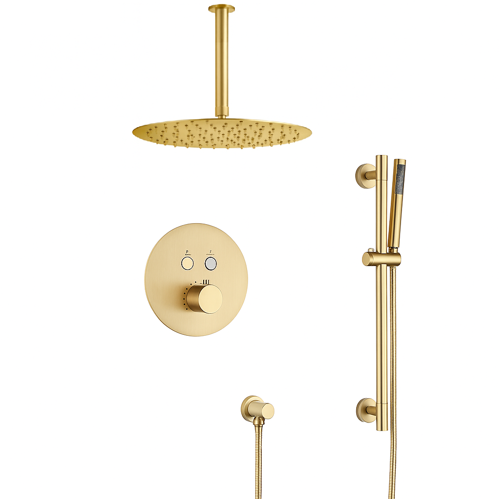 MAX Faucets Thermostatic Shower System – 2 Functions with Push Buttons, Handheld Slide Bar & Pressure-Balance Valve – Brushed Gold Finish – Ceiling-Mounted Round Shower Head YM-RC9022THSB-BG