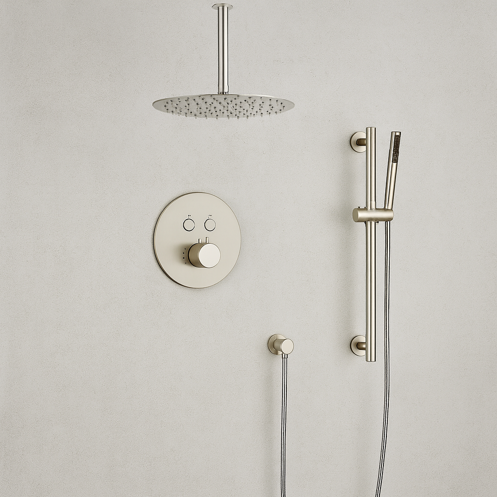 MAX Faucets Thermostatic Shower System – 2 Functions with Push Buttons, Handheld Slide Bar & Pressure-Balance Valve – Brushed Nickel Finish – Ceiling-Mounted Round Shower Head  YM-RC9022THSB-BN