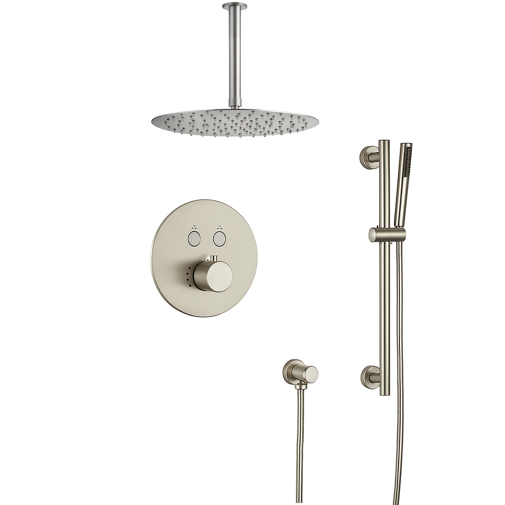 MAX Faucets Thermostatic Shower System – 2 Functions with Push Buttons, Handheld Slide Bar & Pressure-Balance Valve – Brushed Nickel Finish – Ceiling-Mounted Round Shower Head  YM-RC9022THSB-BN