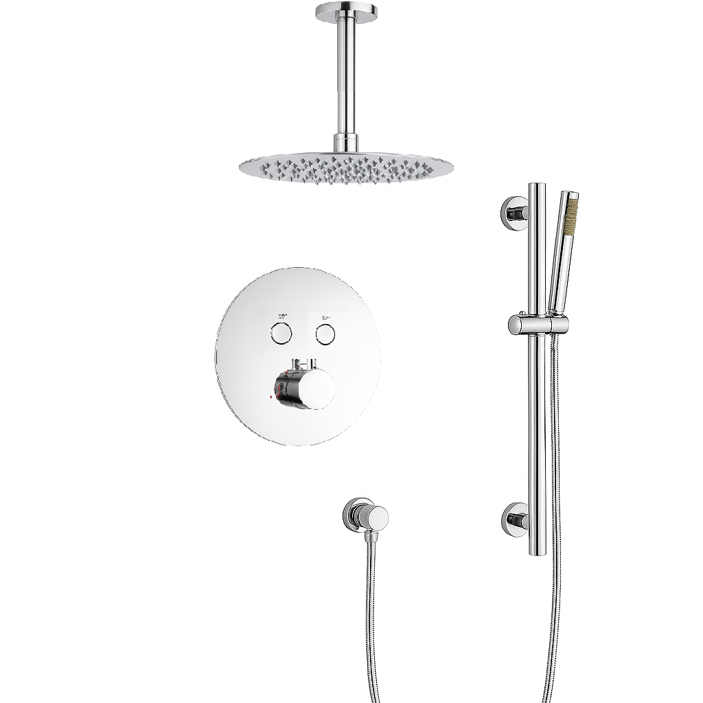 MAX Faucets Thermostatic Shower System – 2 Functions with Push Buttons, Handheld Slide Bar & Pressure-Balance Valve – Chrome Finish – Ceiling-Mounted Round Shower Head YM-RC9022THSB-C