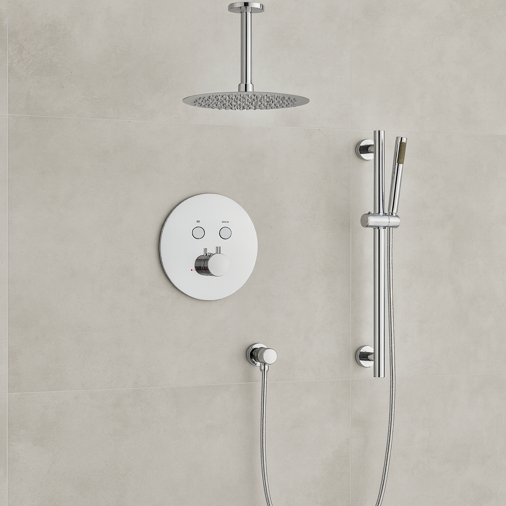MAX Faucets Thermostatic Shower System – 2 Functions with Push Buttons, Handheld Slide Bar & Pressure-Balance Valve – Chrome Finish – Ceiling-Mounted Round Shower Head YM-RC9022THSB-C