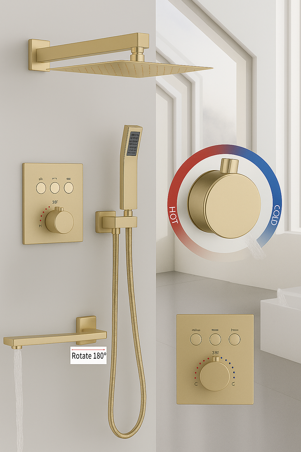 MAX Faucets | Thermostatic Shower System Set – 3-Function Push-Button Shower with Pressure Balance Valve (Brushed Gold)