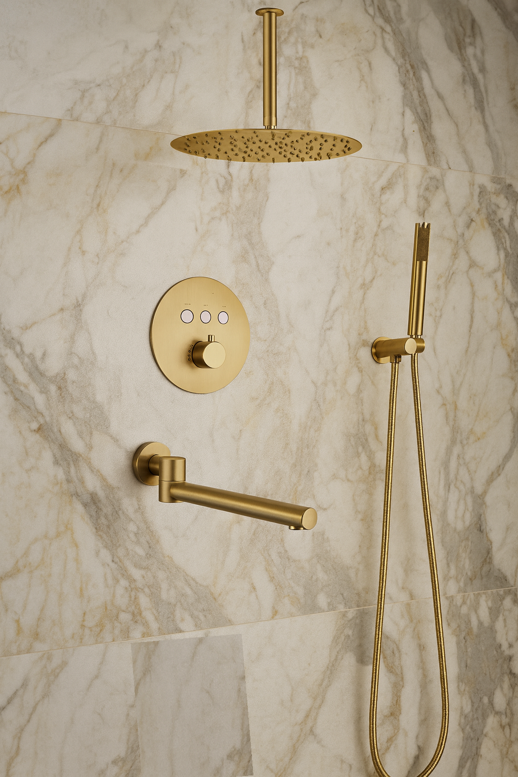 MAX Faucets Thermostatic Shower System Set – Three Functions With Push-Buttons  12” Round Ceiling Shower Head – Brushed Gold Finish YM-RC5133TH-BG