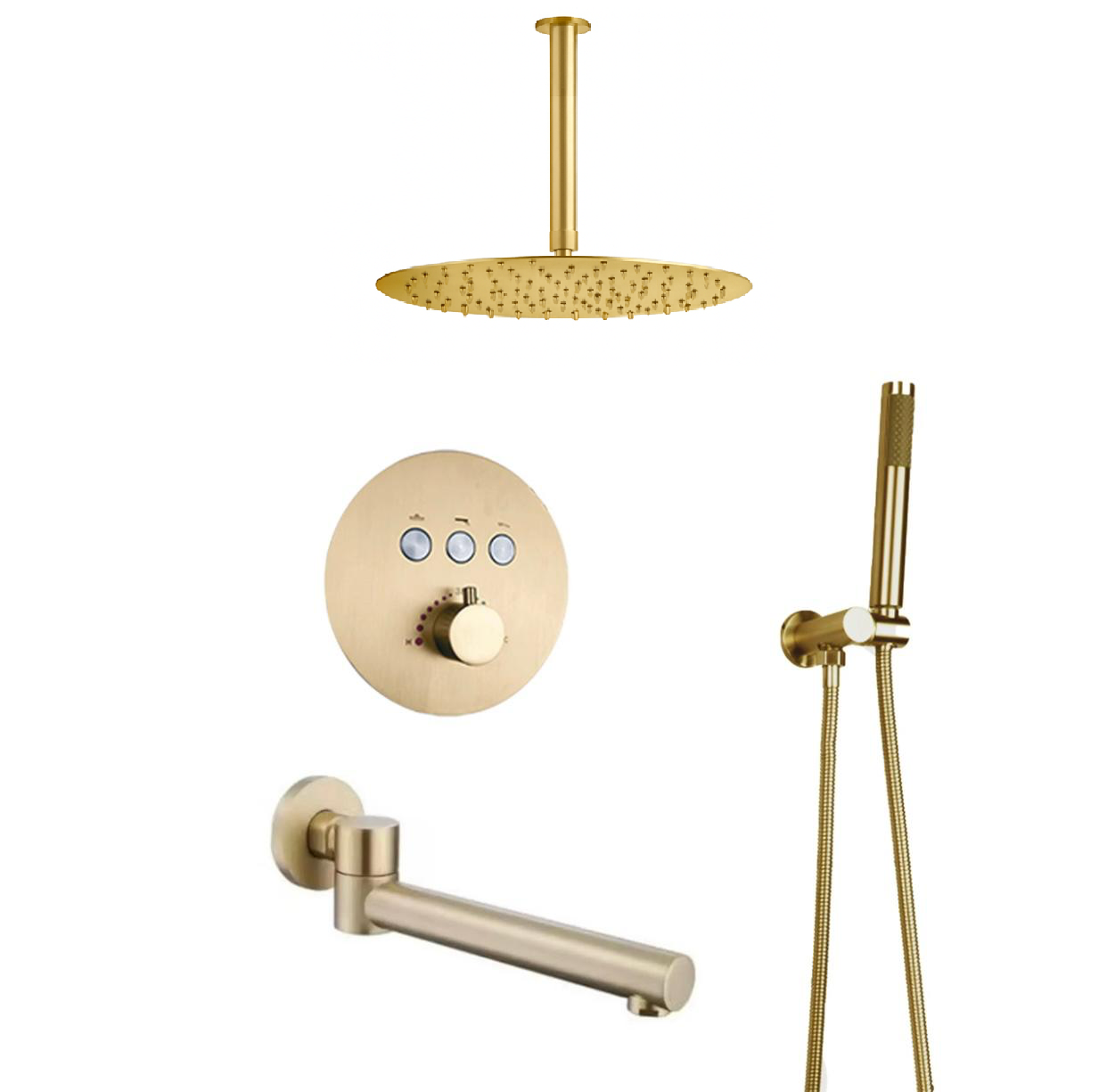 MAX Faucets Thermostatic Shower System Set – Three Functions With Push-Buttons  12” Round Ceiling Shower Head – Brushed Gold Finish YM-RC5133TH-BG