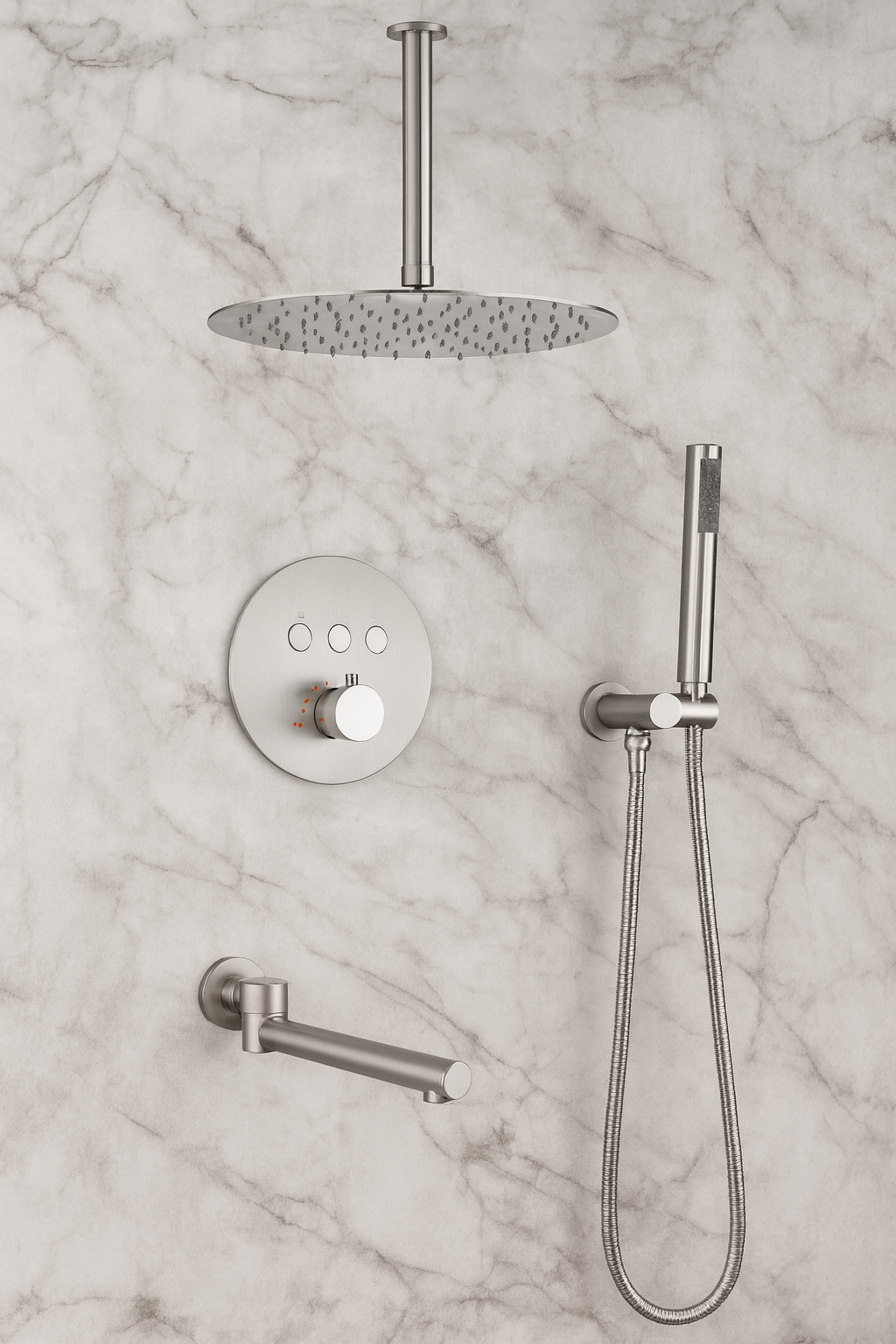 MAX Faucets Thermostatic Shower System Set – Three Functions With Push-Buttons  12” Round Ceiling Shower Head – Brushed Nickel Finish YM-RC5133TH-BN