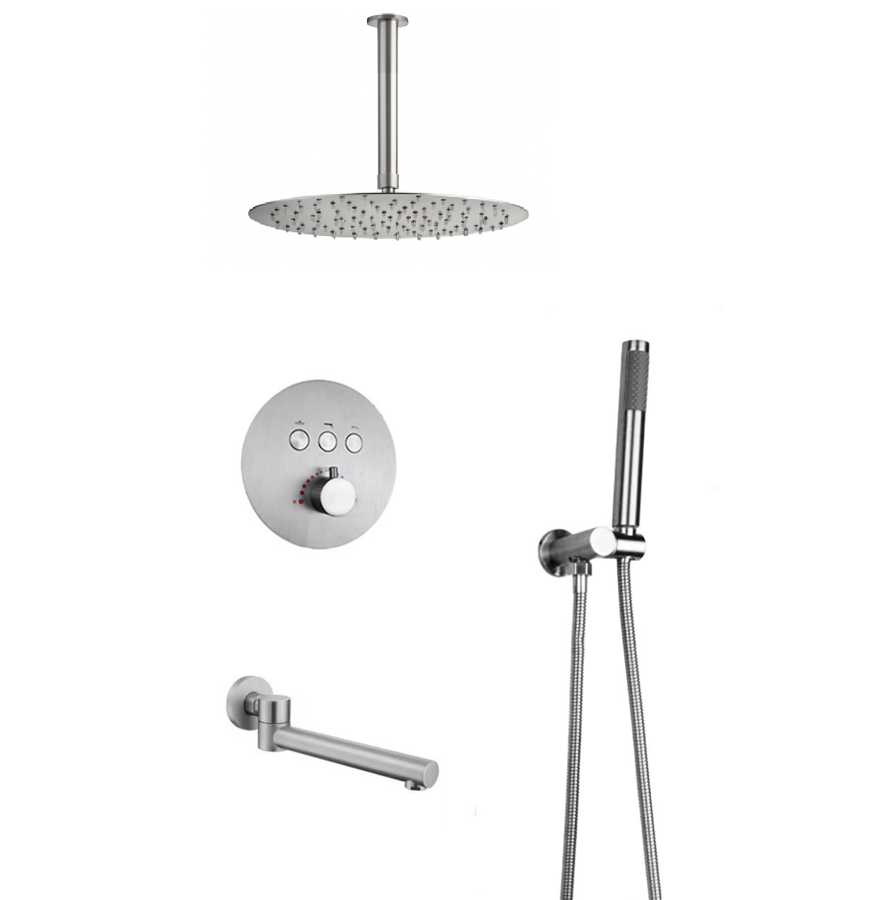 MAX Faucets Thermostatic Shower System Set – Three Functions With Push-Buttons  12” Round Ceiling Shower Head – Brushed Nickel Finish YM-RC5133TH-BN