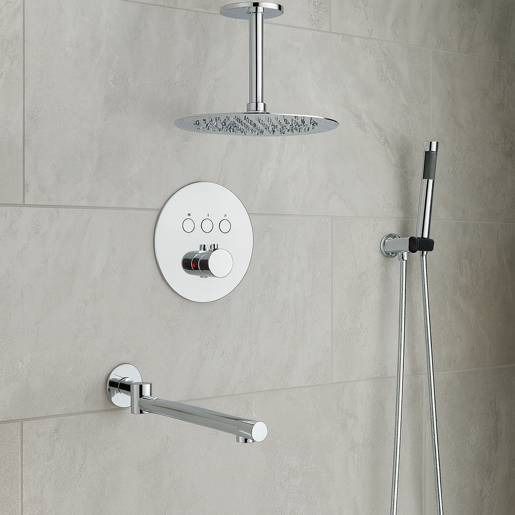 MAX Faucets Thermostatic Shower System Set – Three Functions With Push-Buttons  12” Round Ceiling Shower Head – Chrome Finish YM-RC5133TH-C