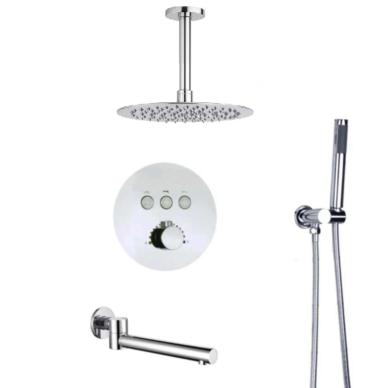 MAX Faucets Thermostatic Shower System Set – Three Functions With Push-Buttons  12” Round Ceiling Shower Head – Chrome Finish YM-RC5133TH-C