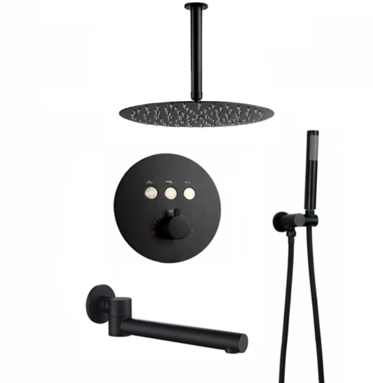 MAX Faucets Thermostatic Shower System Set – Three Functions With Push-Buttons  12” Round Ceiling Shower Head – Matte Black Finish YM-RC5133TH-MB