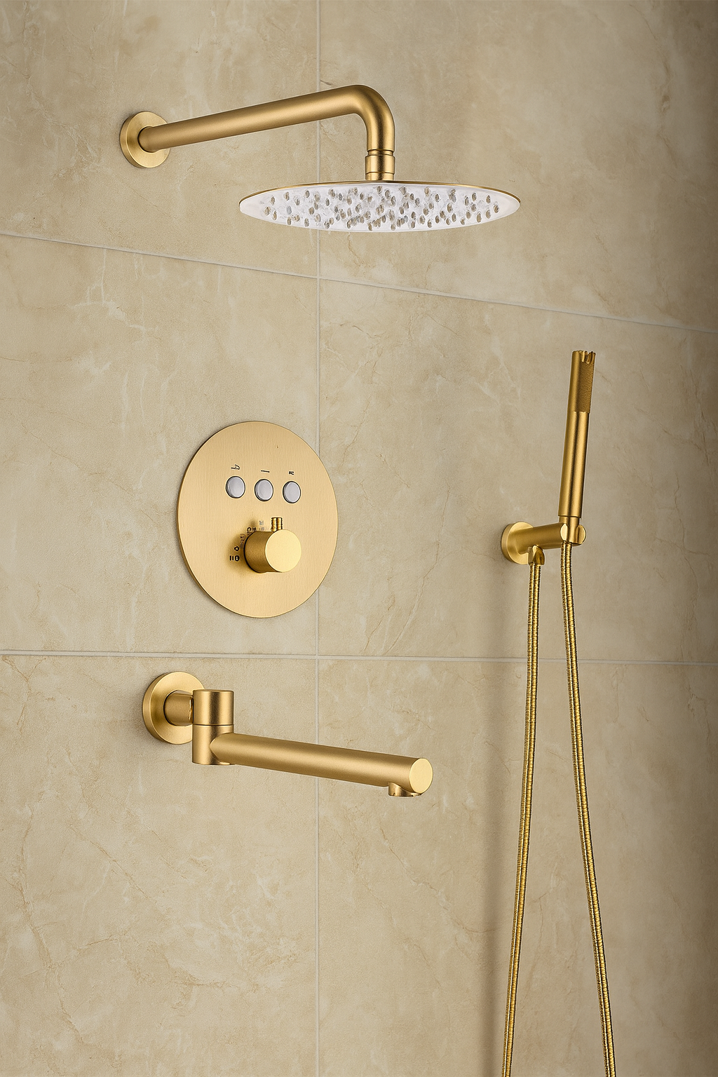 MAX Faucets Thermostatic Shower System Set – Three Functions With Push-Buttons  12” Round Shower Head – Brushed Gold Finish  YM-RW5133TH-BG