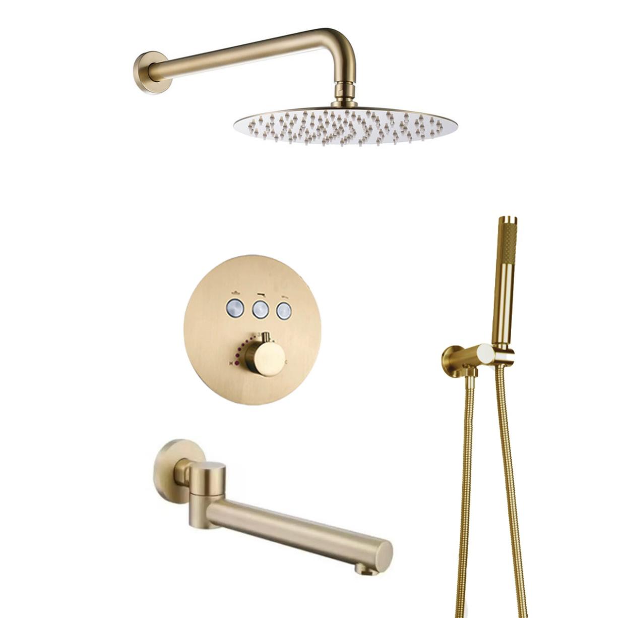 MAX Faucets Thermostatic Shower System Set – Three Functions With Push-Buttons  12” Round Shower Head – Brushed Gold Finish  YM-RW5133TH-BG