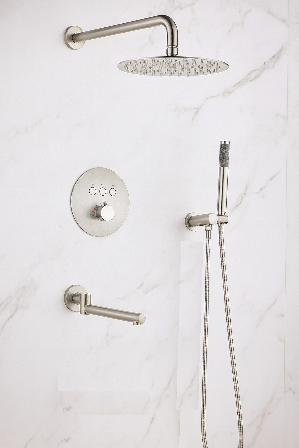 MAX Faucets Thermostatic Shower System Set – Three Functions With Push-Buttons  12” Round Shower Head – Brushed Nickel Finish YM-RW5133TH-BN