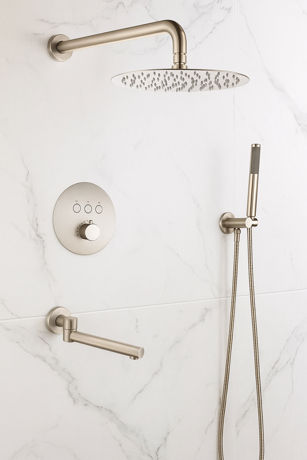 MAX Faucets Thermostatic Shower System Set – Three Functions With Push-Buttons  12” Round Shower Head – Brushed Nickel Finish YM-RW5133TH-BN