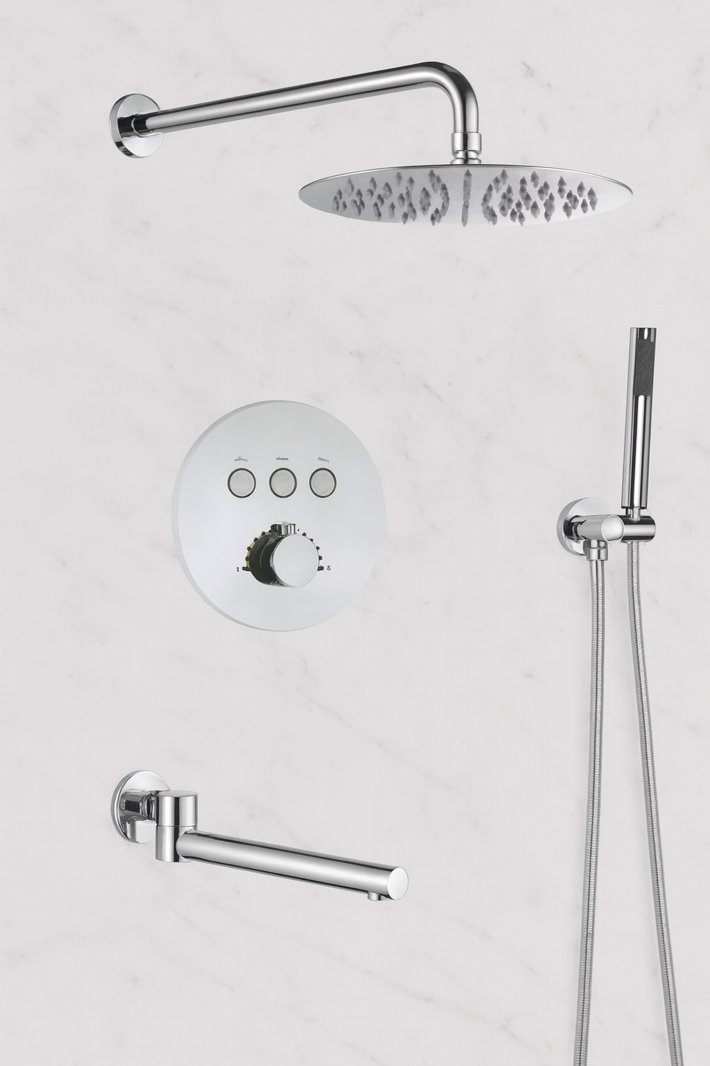 MAX Faucets Thermostatic Shower System Set – Three Functions With Push-Buttons  12” Round Shower Head – Chrome Finish YM-RW5133TH-C