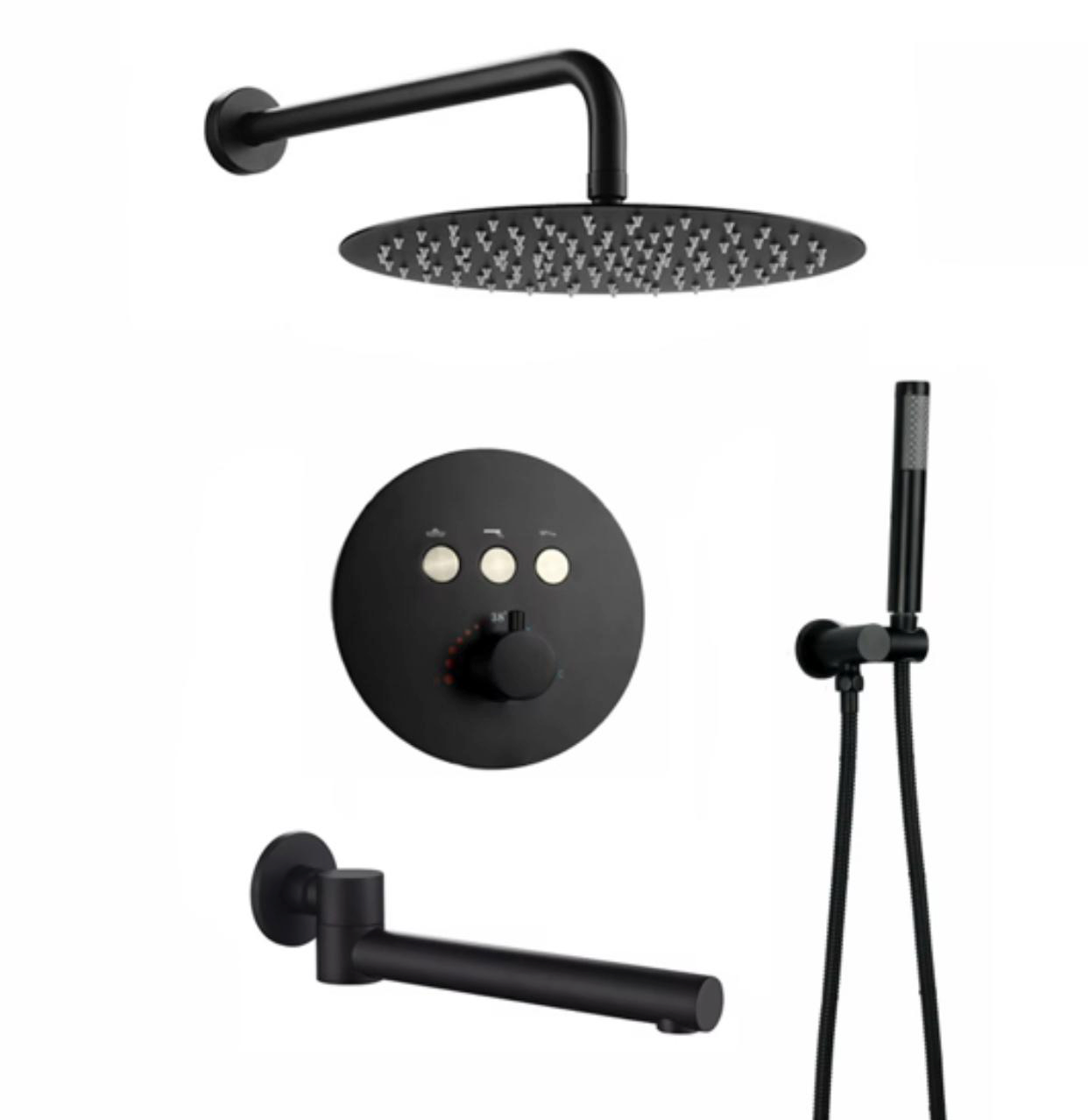 MAX Faucets Thermostatic Shower System Set – Three Functions With Push-Buttons  12” Round Shower Head – Matte Black Finish YM-RW5133TH-MB