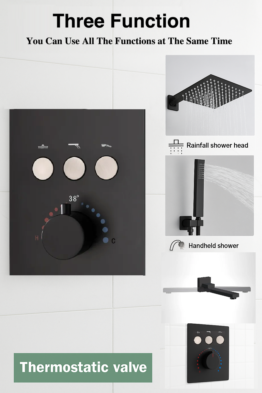 Thermostatic Shower System Set Three Functions With Push-buttons Pressure Balance Valve Matte Black Finish YM-MW7133TH-MB