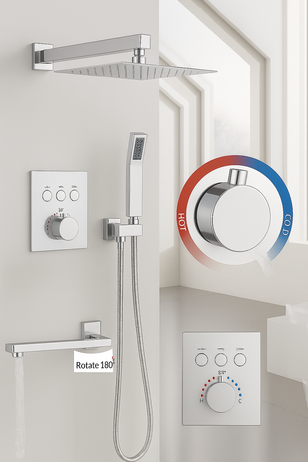 MAX Faucets | Thermostatic Shower System Set Three Functions With Push Buttons And Pressure Balance Valve Chrome Finish MW7133TH-C