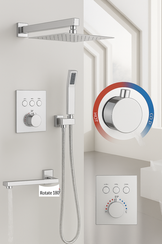 MAX Faucets | Thermostatic Shower System Set Three Functions With Push Buttons And Pressure Balance Valve Chrome Finish MW7133TH-C