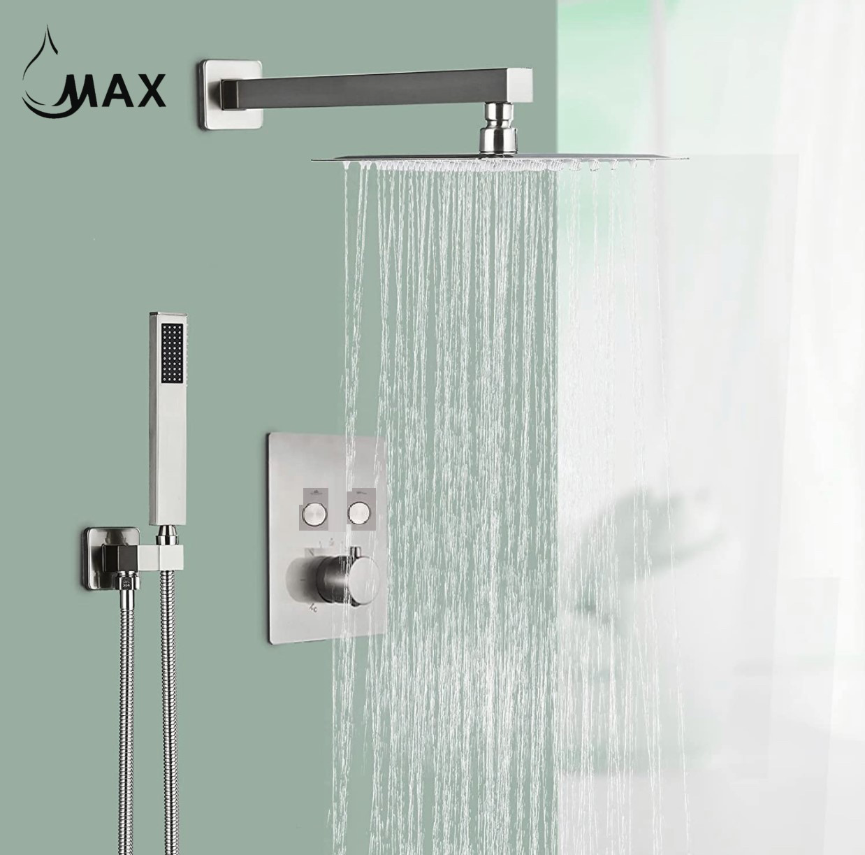 MAX Faucets | Thermostatic Shower System Set Two Functions With Pressure Balance Valve Brushed Nickel Finish