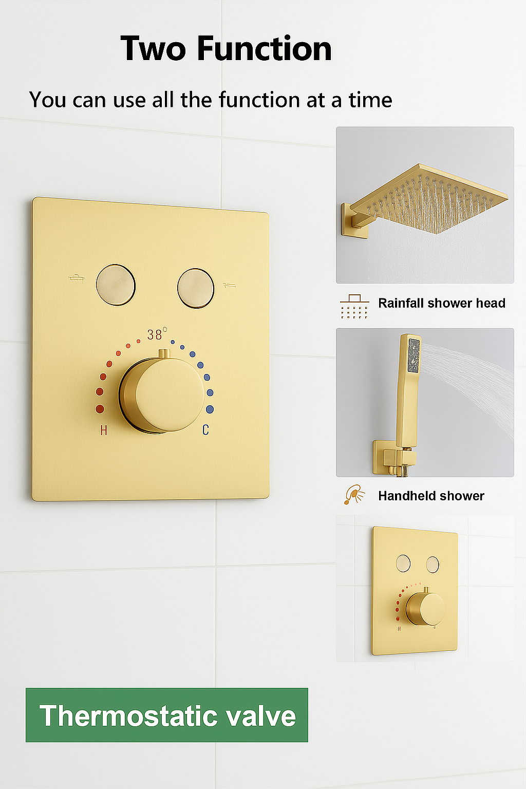Thermostatic Shower System Set Two Functions With Push-Buttons and Pressure Balance Valve Brushed Gold Finish YM-MW7122TH-BG