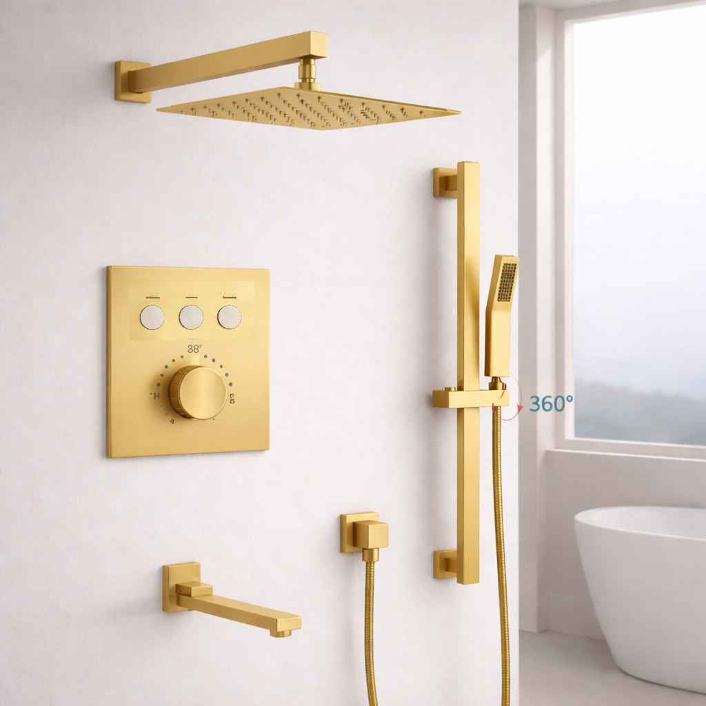 Thermostatic Shower System Three Functions With Hand-Held Slide Bar and Pressure Balance Valve Brushed Gold Finish