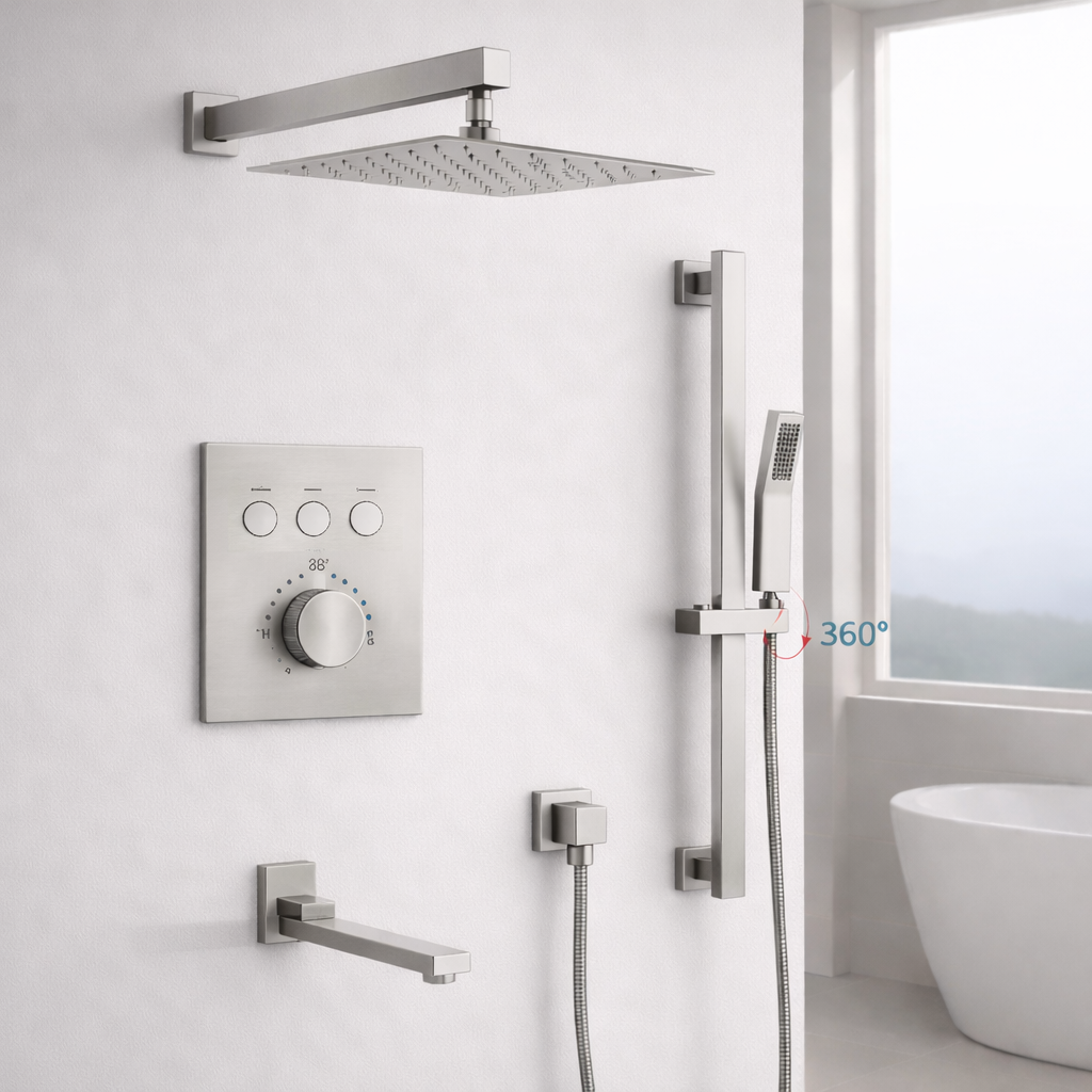 Thermostatic Shower System Three Functions With Hand-Held Slide Bar and Pressure Balance Valve Brushed Nickel Finish