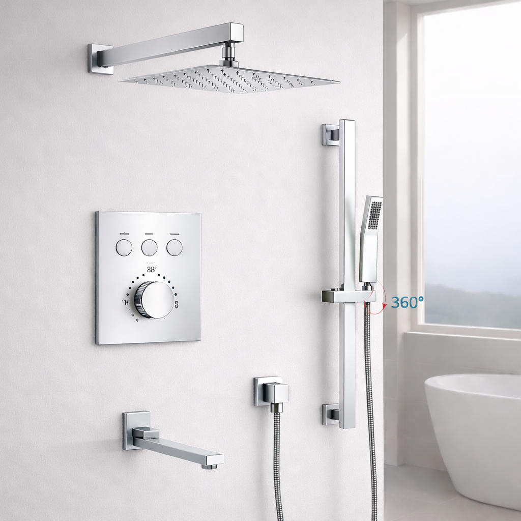Thermostatic Shower System Three Functions With Hand-Held Slide Bar and Pressure Balance Valve Chrome Finish