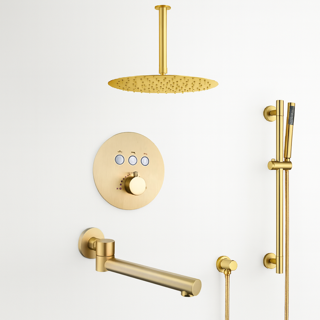 MAX Faucets Thermostatic Shower System – Three Functions with Hand-Held Slide Bar & Pressure-Balance Valve – Round Ceiling-Mounted Shower Head – Brushed Gold Finish YM-RC9222THSB-BG