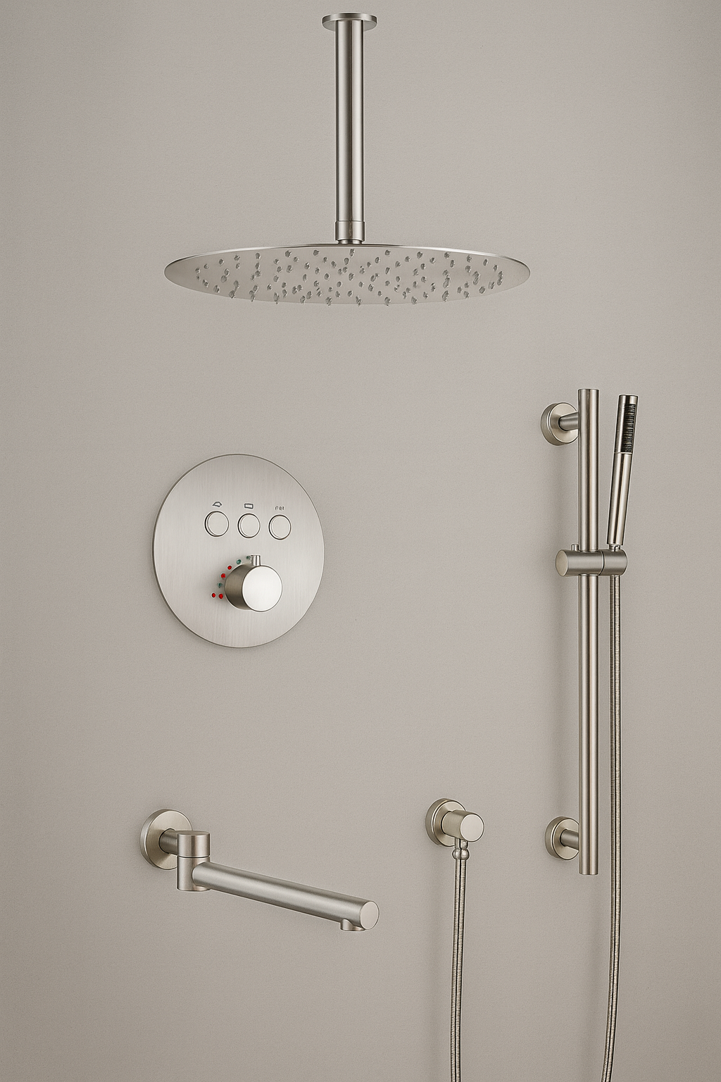 MAX Faucets Thermostatic Shower System – Three Functions with Hand-Held Slide Bar & Pressure-Balance Valve – Round Ceiling-Mounted Shower Head – Brushed Nickel Finish YM-RC9222THSB-BN