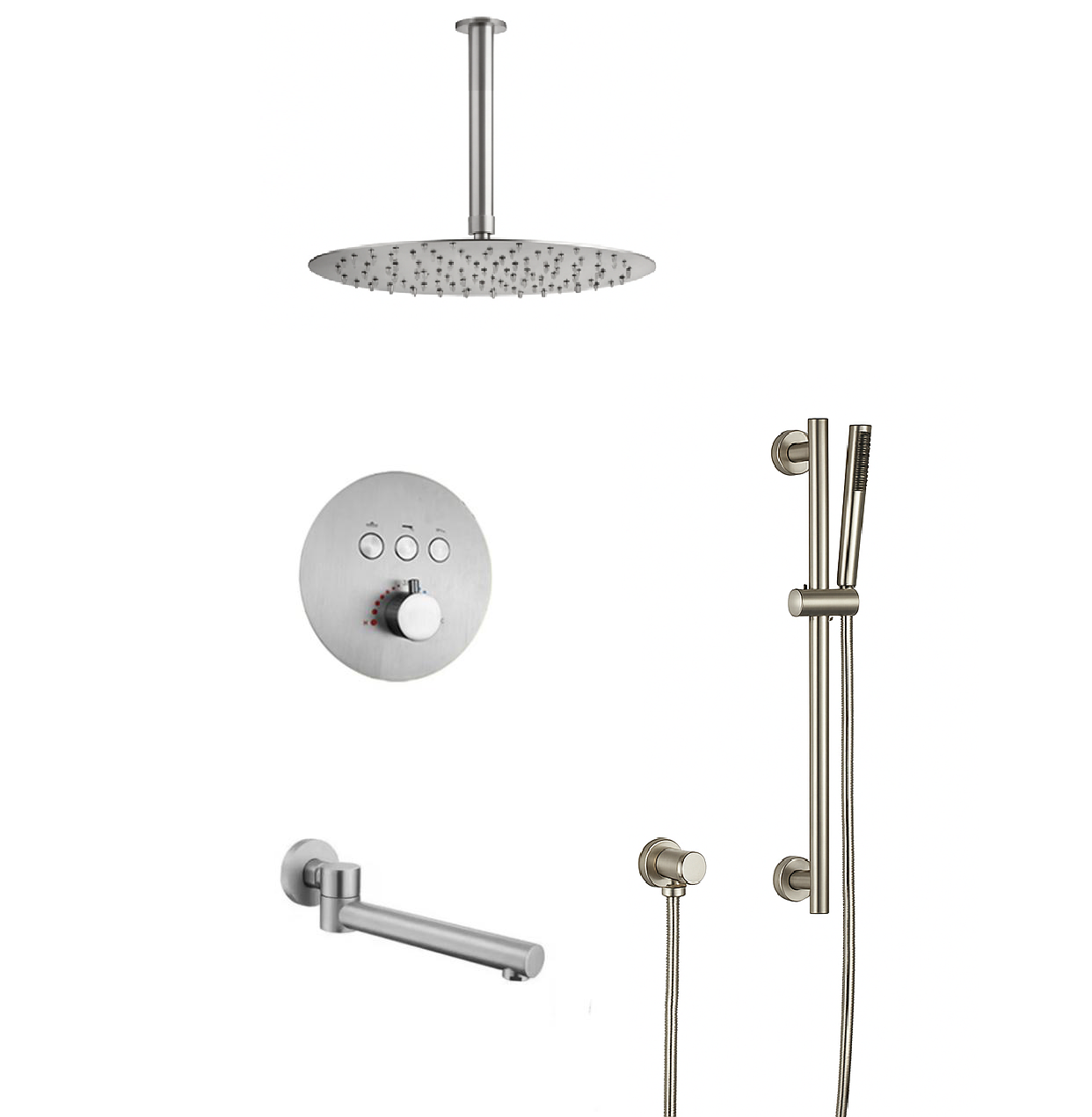MAX Faucets Thermostatic Shower System – Three Functions with Hand-Held Slide Bar & Pressure-Balance Valve – Round Ceiling-Mounted Shower Head – Brushed Nickel Finish YM-RC9222THSB-BN