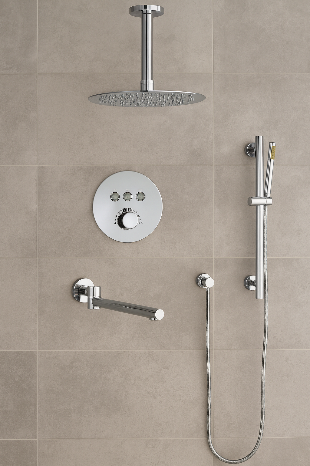 MAX Faucets Thermostatic Shower System – Three Functions with Hand-Held Slide Bar & Pressure-Balance Valve – Round Ceiling-Mounted Shower Head – Chrome Finish YM-RC9222THSB-C