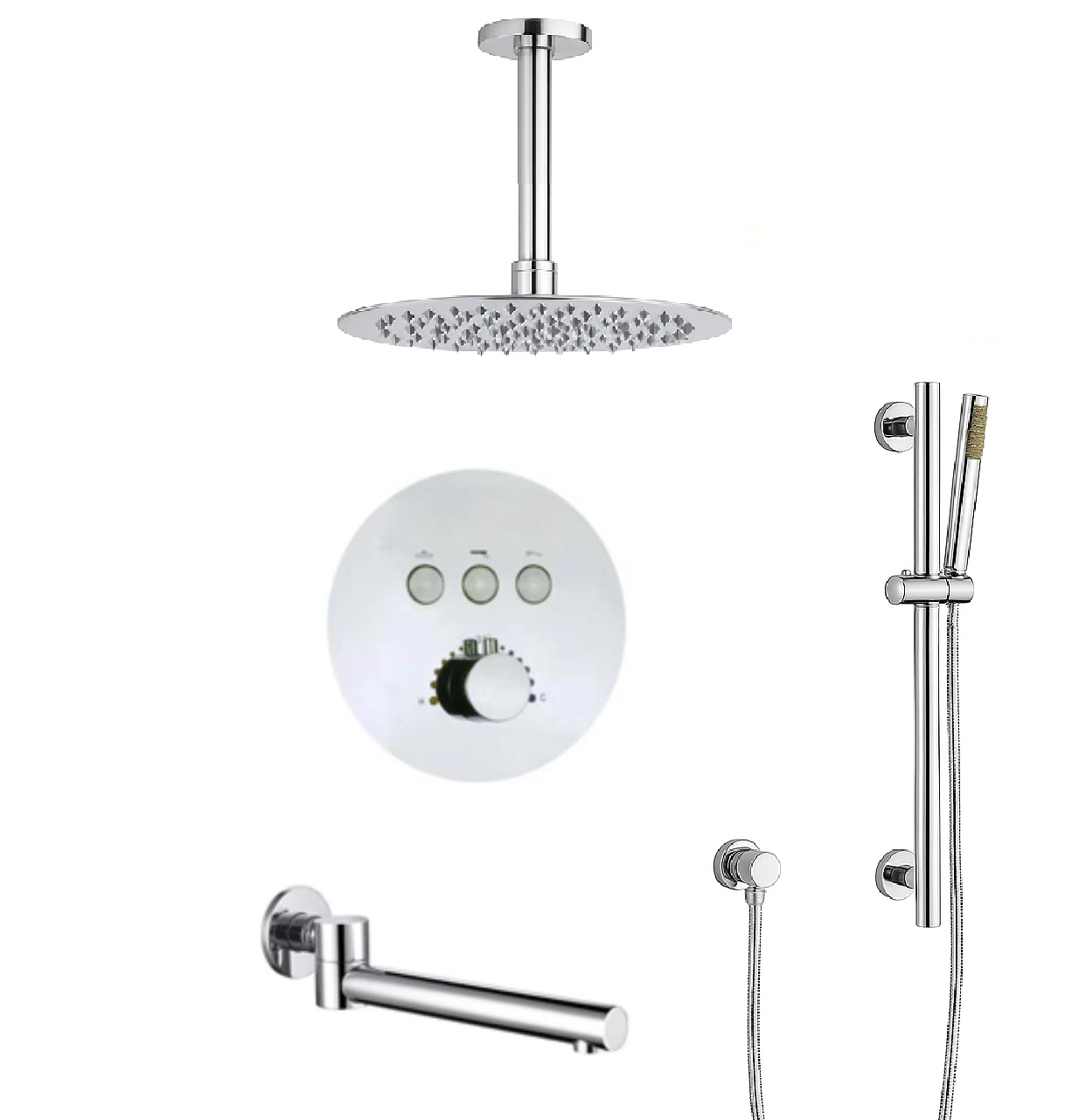 MAX Faucets Thermostatic Shower System – Three Functions with Hand-Held Slide Bar & Pressure-Balance Valve – Round Ceiling-Mounted Shower Head – Chrome Finish YM-RC9222THSB-C