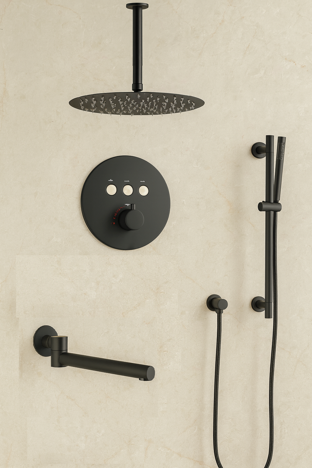 MAX Faucets Thermostatic Shower System – Three Functions with Hand-Held Slide Bar & Pressure-Balance Valve – Round Ceiling-Mounted Shower Head – Matte Black Finish YM-RC9222THSB-MB