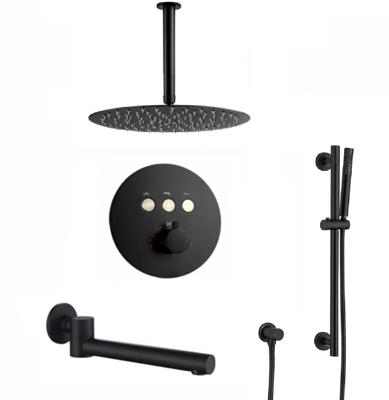 MAX Faucets Thermostatic Shower System – Three Functions with Hand-Held Slide Bar & Pressure-Balance Valve – Round Ceiling-Mounted Shower Head – Matte Black Finish YM-RC9222THSB-MB
