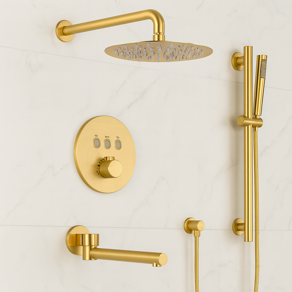 MAX Faucets Thermostatic Shower System – Three Functions with Hand-Held Slide Bar & Pressure-Balance Valve – Round Shower Head – Brushed Gold Finish YM-RW9222THSB-BG