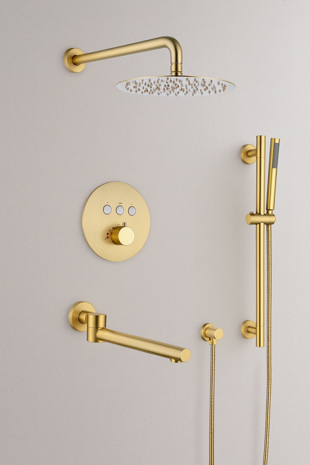 MAX Faucets Thermostatic Shower System – Three Functions with Hand-Held Slide Bar & Pressure-Balance Valve – Round Shower Head – Brushed Gold Finish YM-RW9222THSB-BG