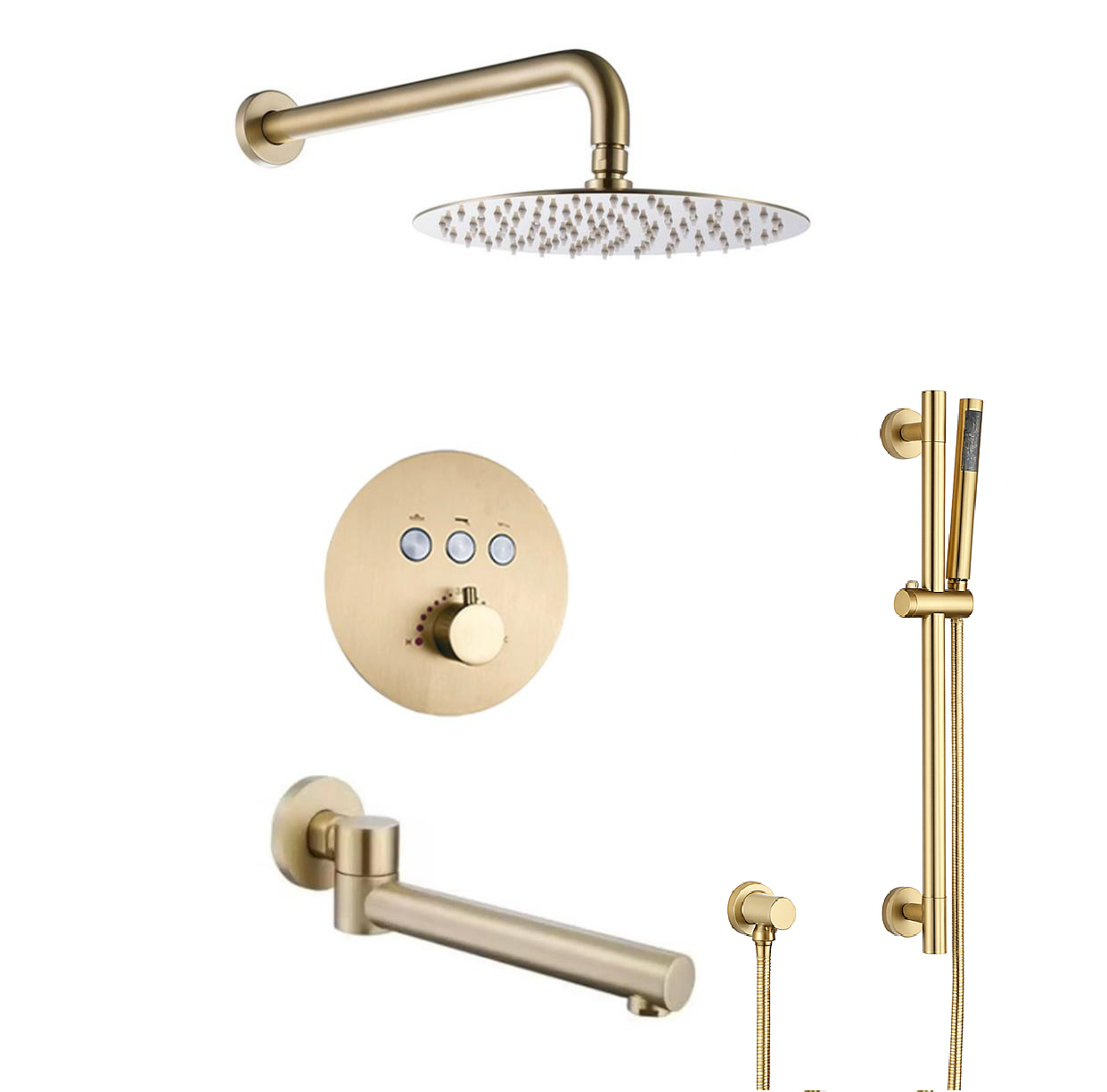 MAX Faucets Thermostatic Shower System – Three Functions with Hand-Held Slide Bar & Pressure-Balance Valve – Round Shower Head – Brushed Gold Finish YM-RW9222THSB-BG