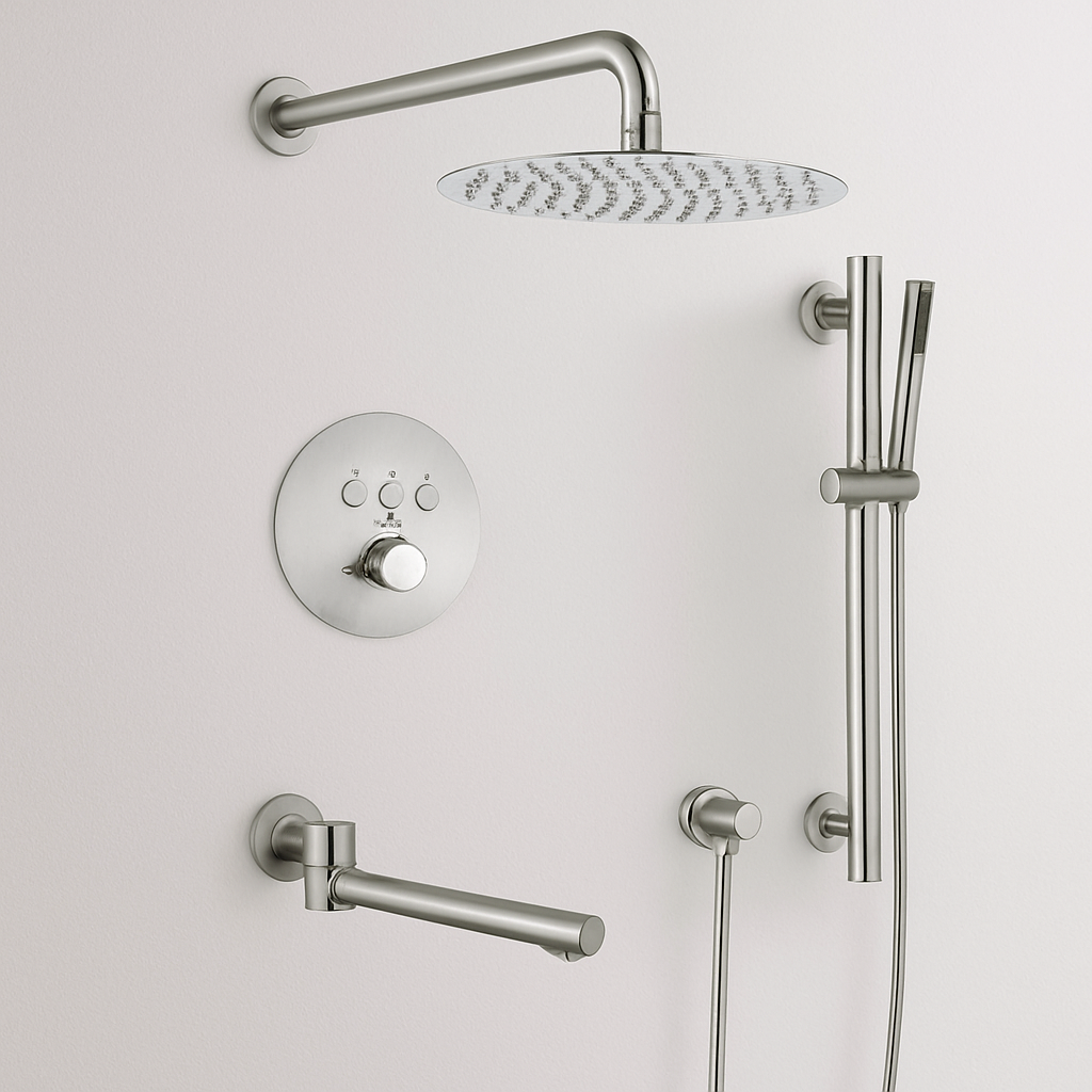 MAX Faucets Thermostatic Shower System – Three Functions with Hand-Held Slide Bar & Pressure-Balance Valve – Round Shower Head – Brushed Nickel Finish YM-RW9222THSB-BN