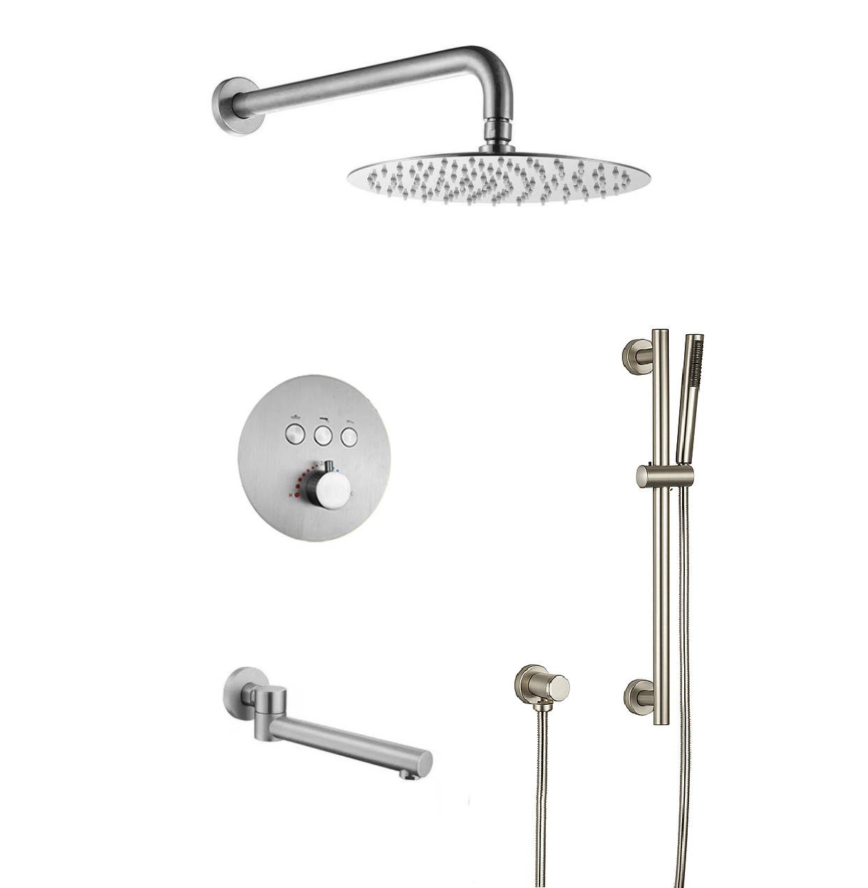 MAX Faucets Thermostatic Shower System – Three Functions with Hand-Held Slide Bar & Pressure-Balance Valve – Round Shower Head – Brushed Nickel Finish YM-RW9222THSB-BN