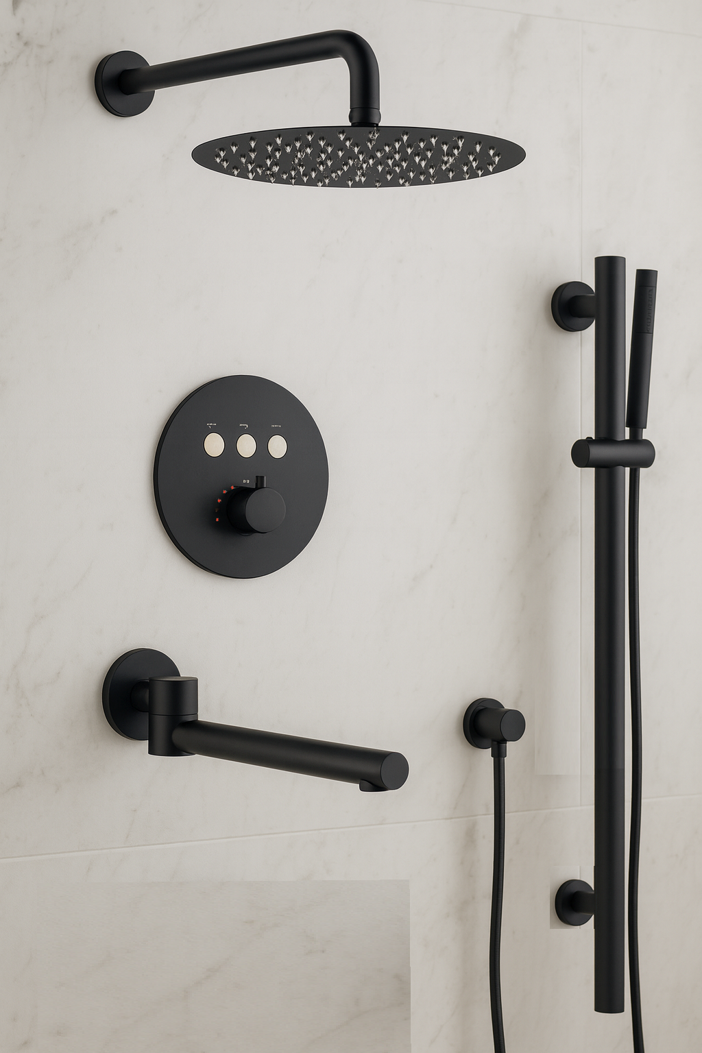 MAX Faucets Thermostatic Shower System – Three Functions with Hand-Held Slide Bar & Pressure-Balance Valve – Round Shower Head – Matte Black Finish YM-RW9222THSB-MB