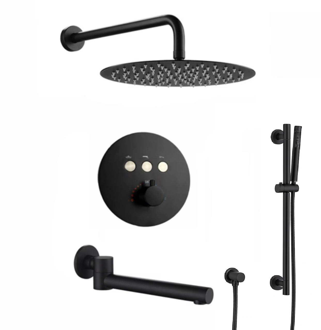 MAX Faucets Thermostatic Shower System – Three Functions with Hand-Held Slide Bar & Pressure-Balance Valve – Round Shower Head – Matte Black Finish YM-RW9222THSB-MB