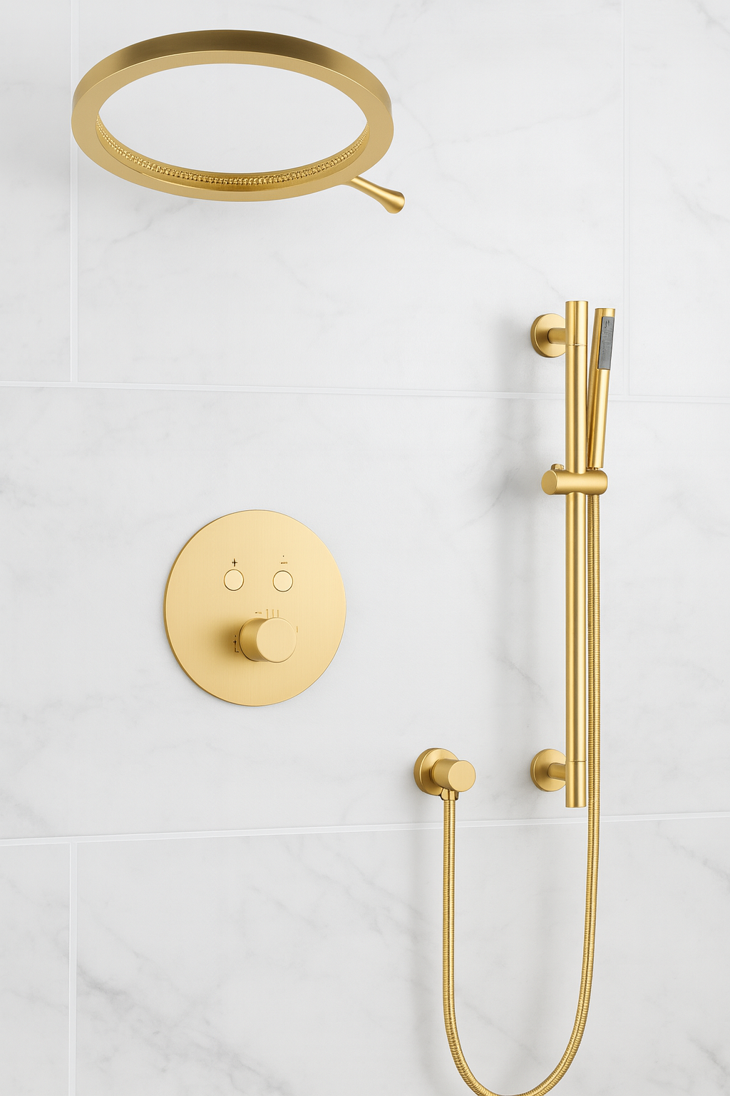 MAX Faucets Thermostatic Shower System with Luxury Round Shower Head, Push-Button Controls & Pressure-Balance Valve – Brushed Gold YM-RW8222THSB-BG