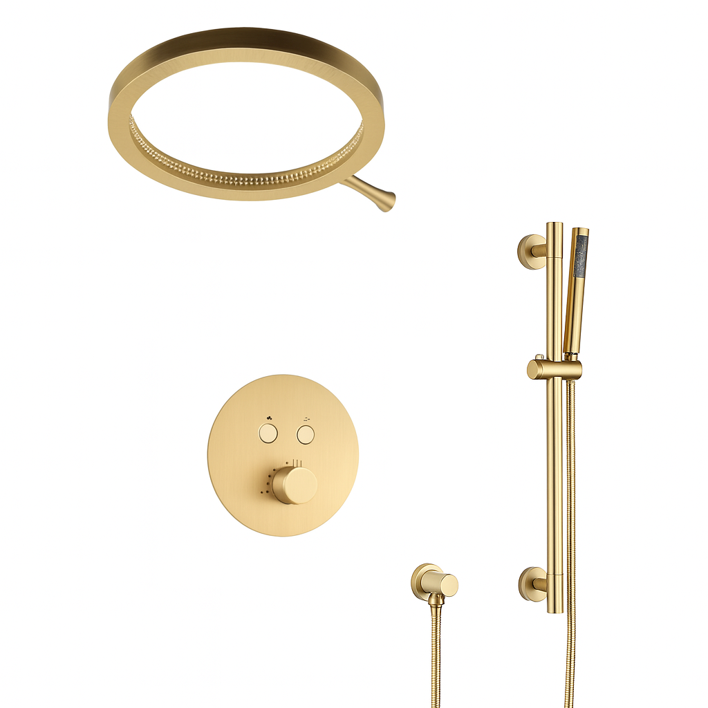 MAX Faucets Thermostatic Shower System with Luxury Round Shower Head, Push-Button Controls & Pressure-Balance Valve – Brushed Gold YM-RW8222THSB-BG