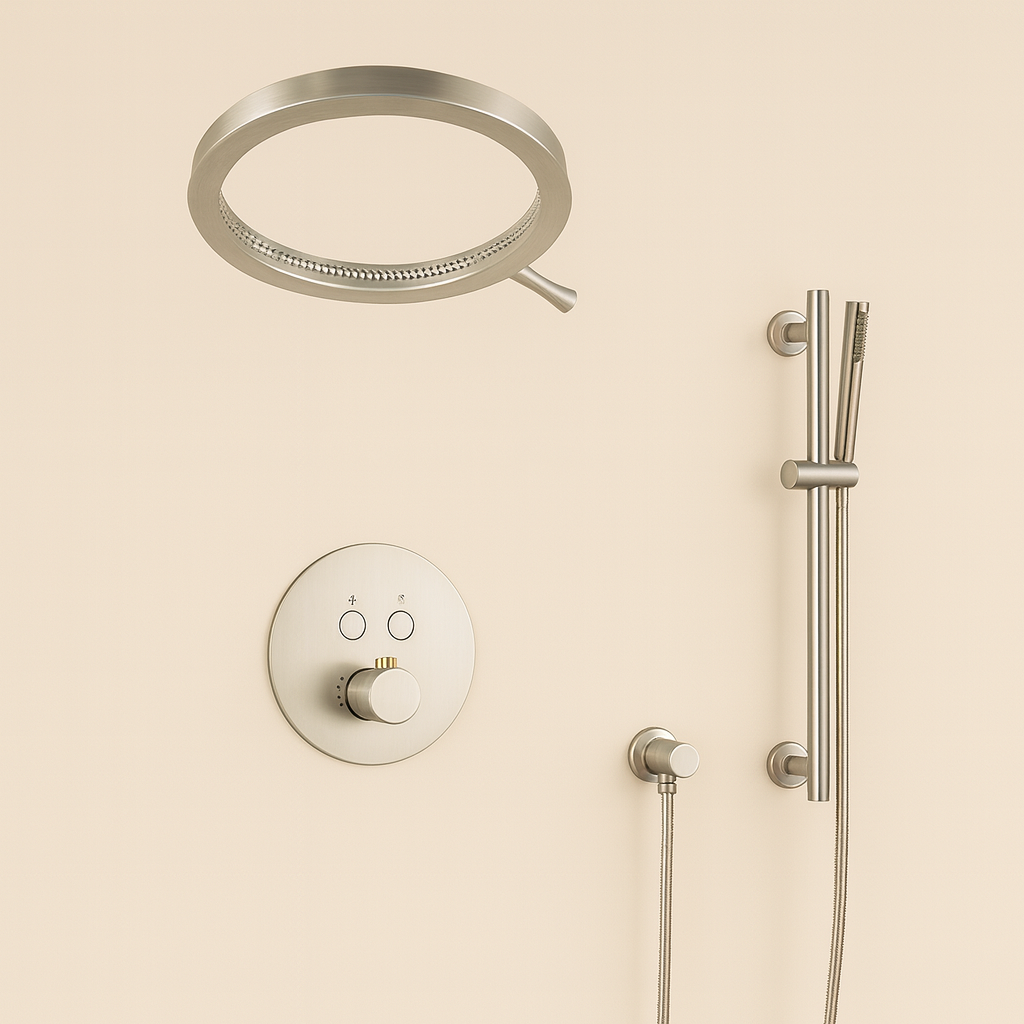 MAX Faucets Thermostatic Shower System with Luxury Round Shower Head, Push-Button Controls & Pressure-Balance Valve – Brushed Nickel YM-RW8222THSB-BN
