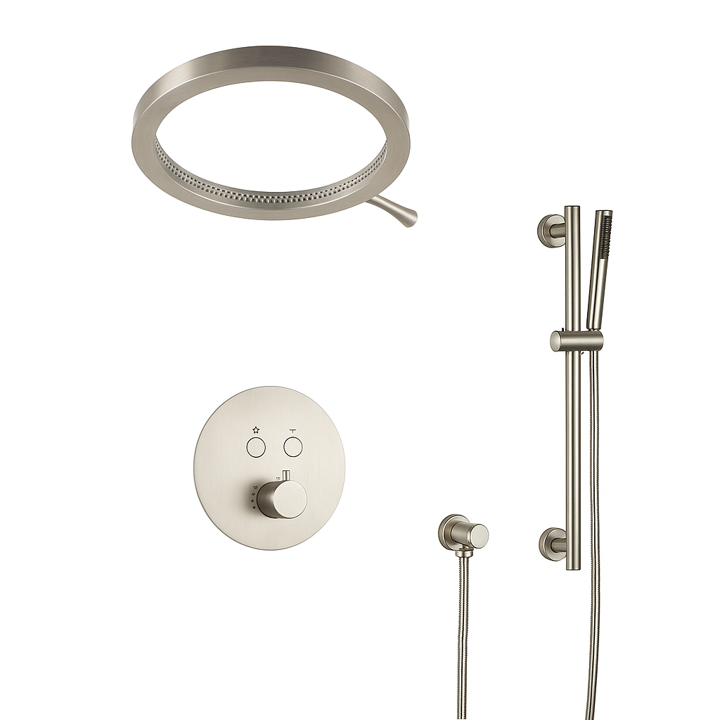 MAX Faucets Thermostatic Shower System with Luxury Round Shower Head, Push-Button Controls & Pressure-Balance Valve – Brushed Nickel YM-RW8222THSB-BN