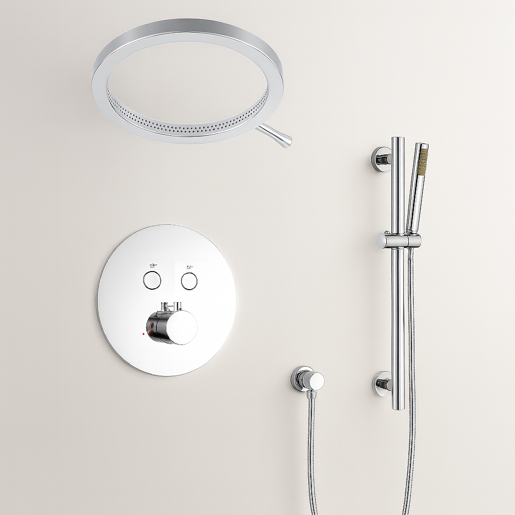 MAX Faucets Thermostatic Shower System with Luxury Round Shower Head, Push-Button Controls & Pressure-Balance Valve – Chrome YM-RW8222THSB-C